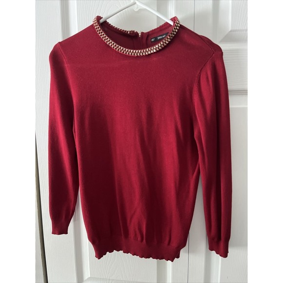 Zara Red Knit, Quarter-zip Long Sleeve Top With Gold Chain Neckline Detail (M) - Picture 1 of 5